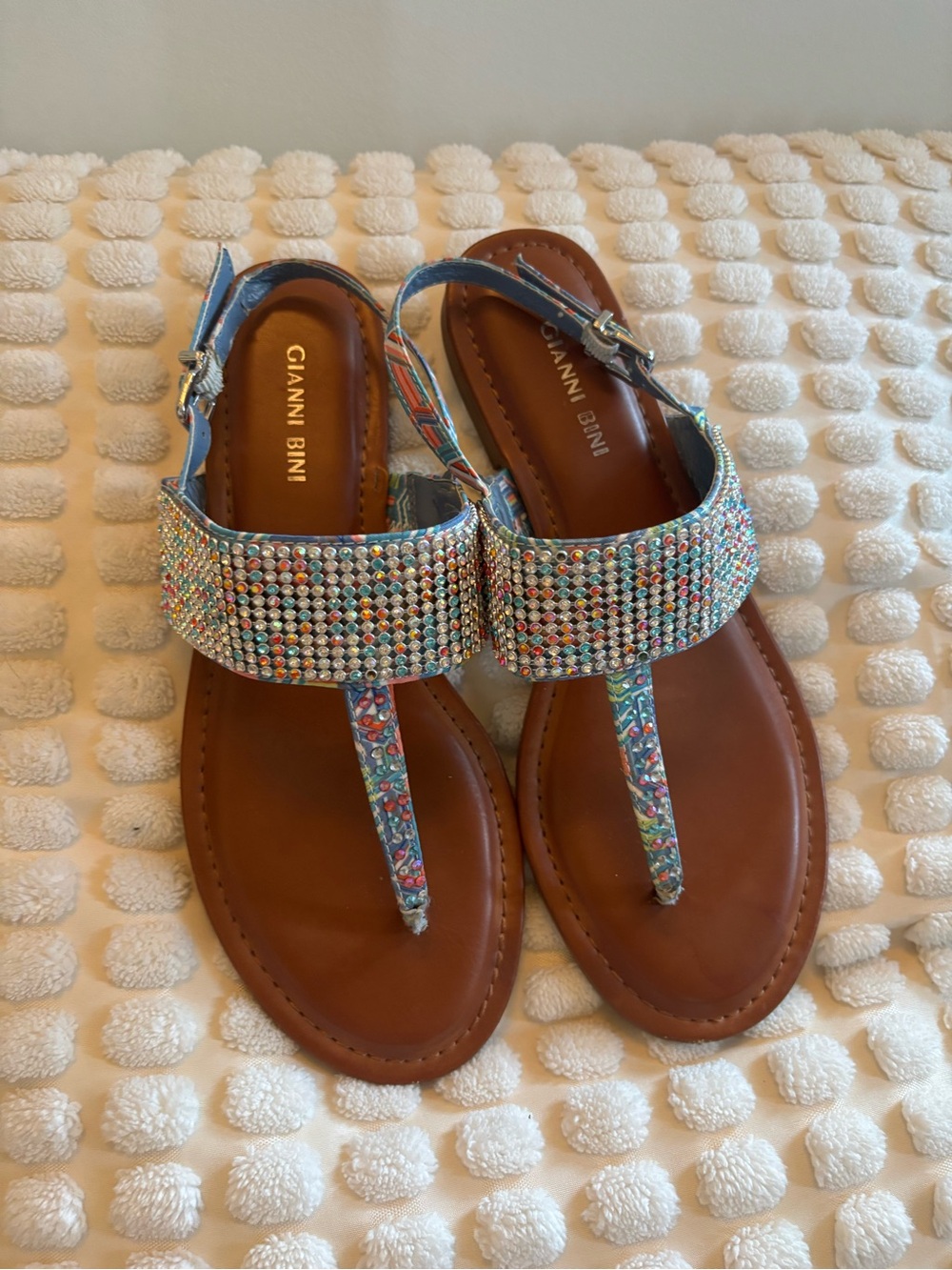 Gianni Bini Multicolor Crystal Floral-Print T-Strap Sandals